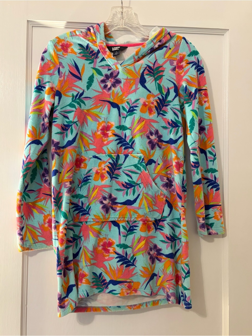 Lands' End Girls' Aqua Tropical Floral Hooded Swim Cover-Up